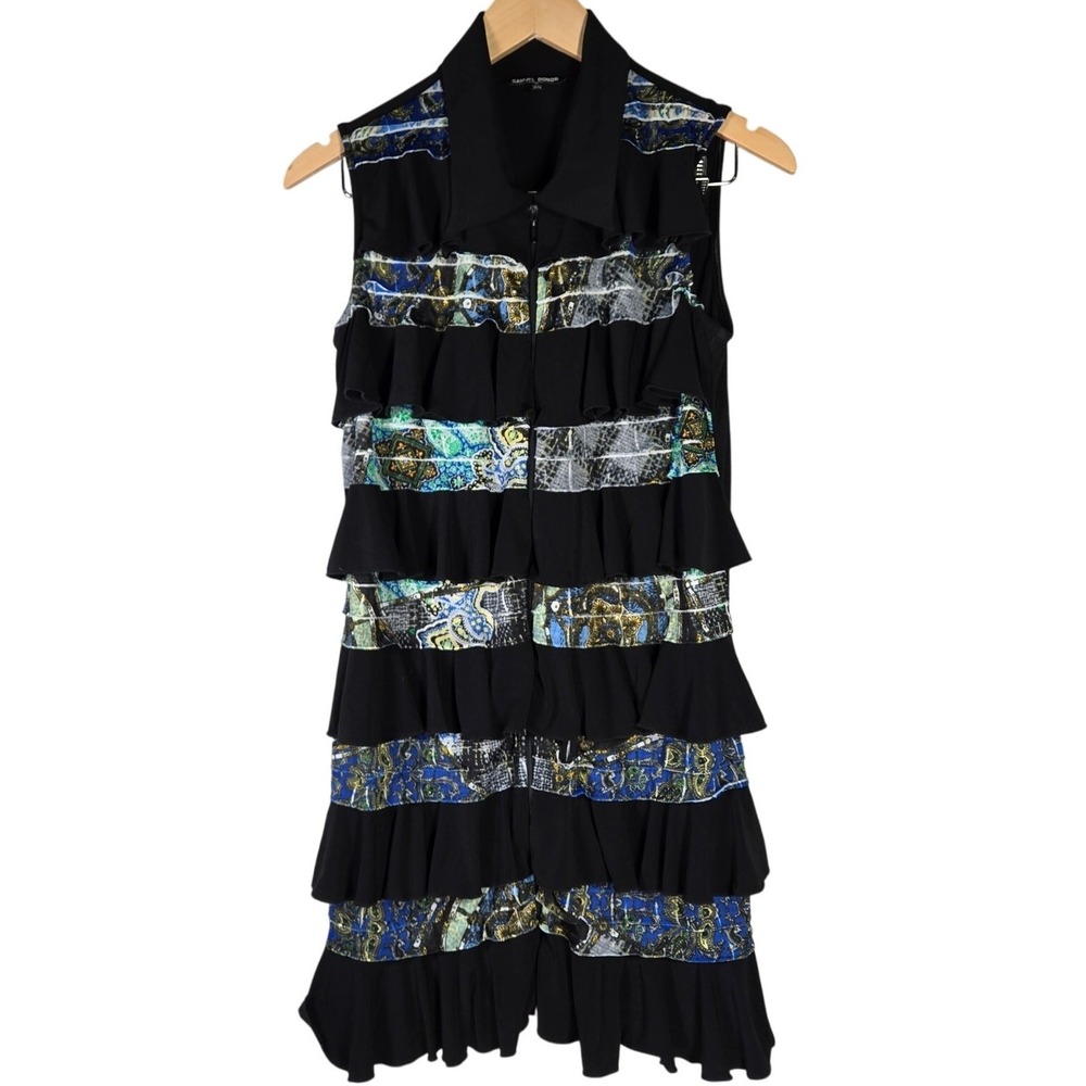 SAMUEL DONG Sleeveless Ruffle Tiered Zipper Front Vest Tunic Dress Black Blue M
